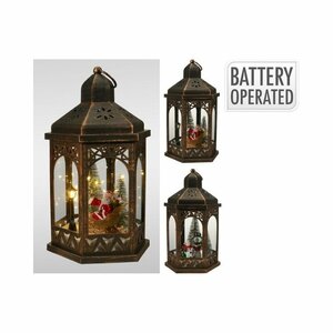 Kerst LED Lantaarn met Tafereel 32 cm Metaal/Zwart/Goud Assorti